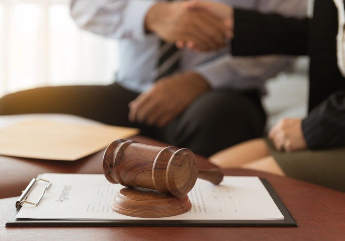 A judge 's gavel sitting on top of a table.